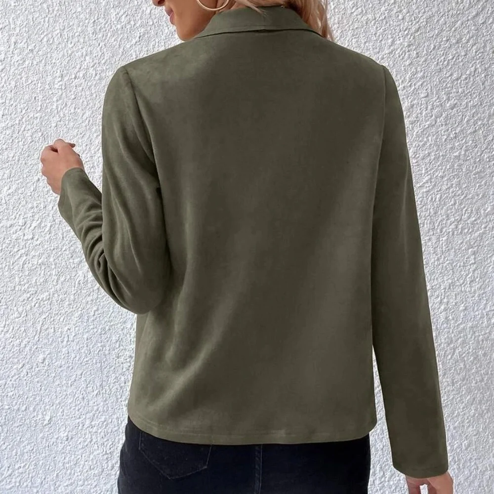 Luxe Army Green Vegan Suede Open Front Jacket - Picture 7 of 11